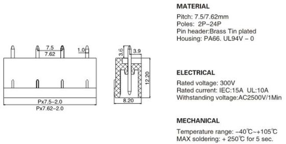 Plug-Terminal Block socket open straight pin Pitch:7.62mm / 0.3 in