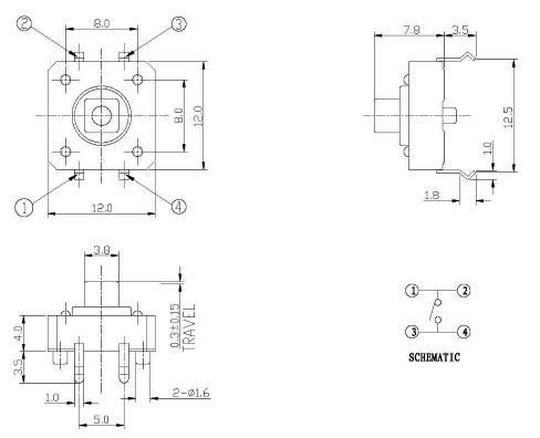 12*12mm tactile switch, 4 pins DIP tact switch, push tactile switch