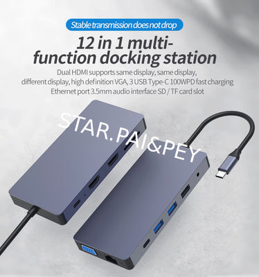 Type-c hub 12 in 1 5gbps usb hub 3.0 tf sd card reader 4k@30hz vga hdtv converter ethernet rj45 connector 100w pd for ma