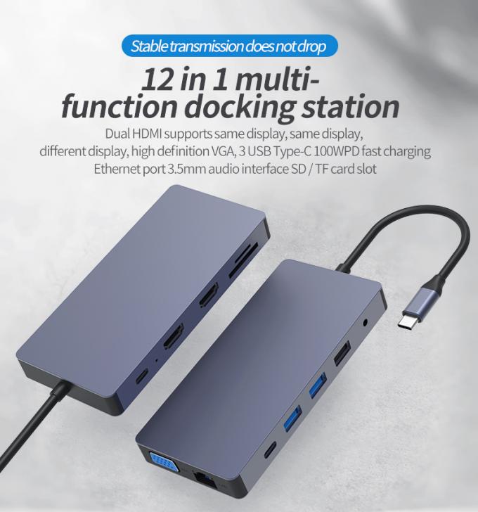 Type-c hub 12 in 1 5gbps usb hub 3.0 tf sd card reader 4k@30hz vga hdtv converter ethernet rj45 connector 100w pd for ma 3